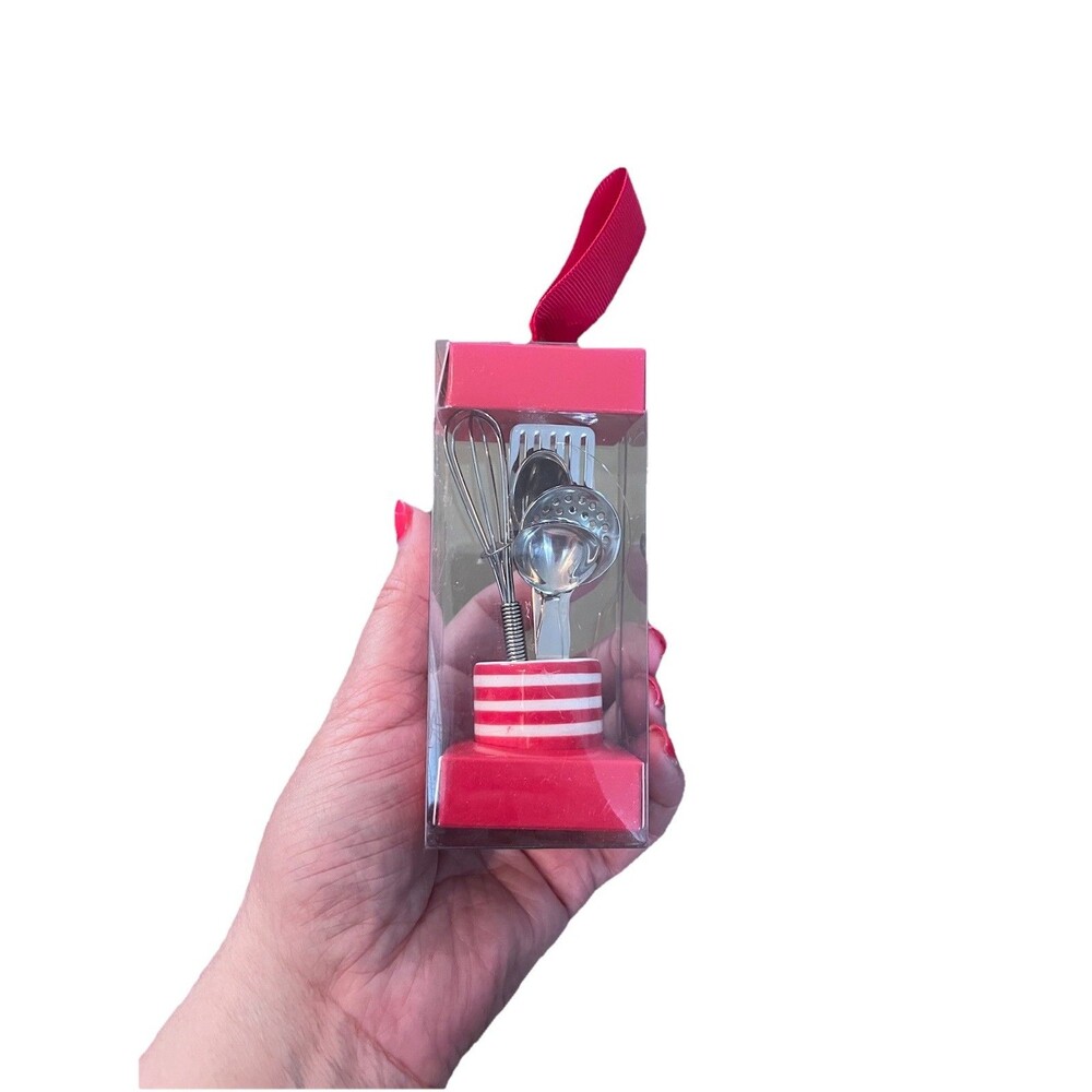 Brand New Crate & Barrel Mini Red Striped Ceramic Crock & Metal Utensils